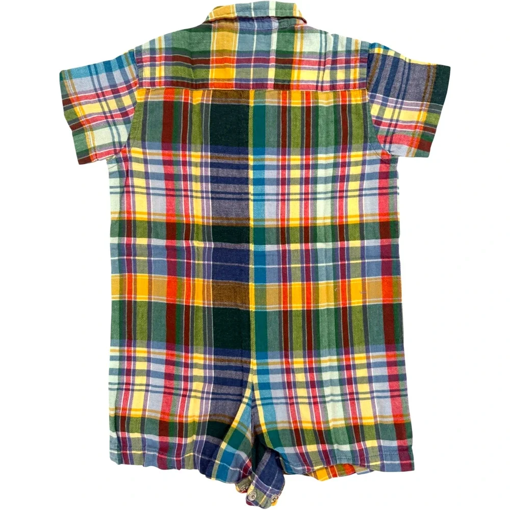 Vintage RALPH LAUREN 18m Baby Toddler Romper Madras Plaid Red Pony Snap Bottom